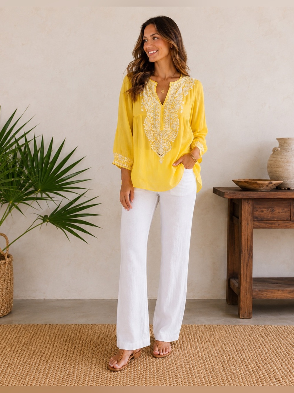 Karen Kane Yellow Embroidered Bohemian Tunic Top Size Small